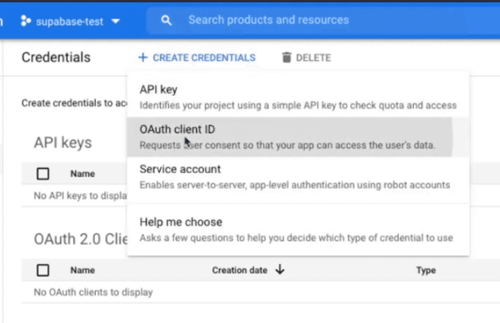 Create new OAuth client id credentials